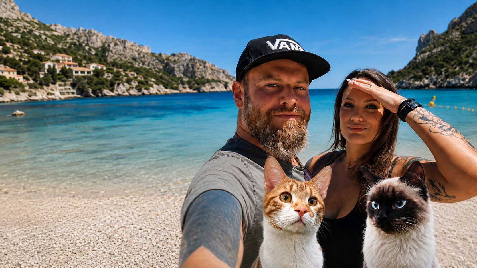 Rob, Cleo und ihre Katzen Zoe und Loki an einer Bucht
