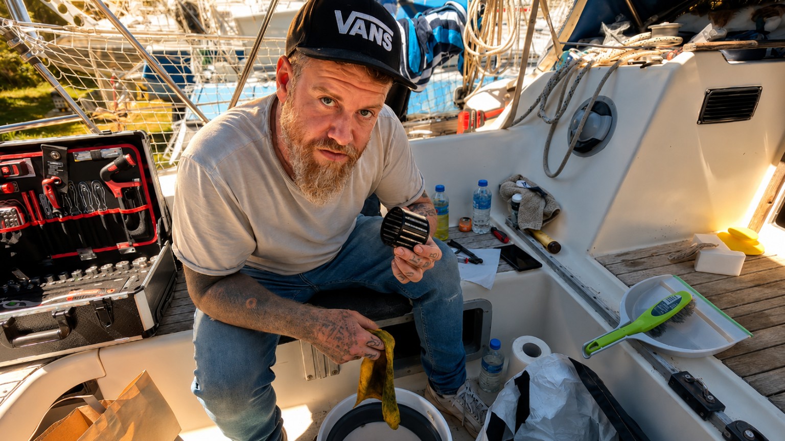 Rob arbeitet im Cockpit des Segelboots