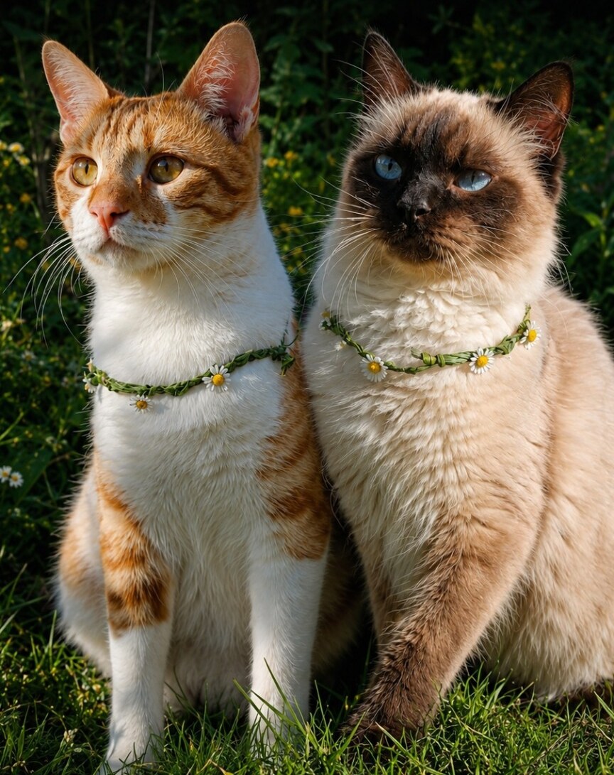 Die Katzen Zoe und Loki sitzen nebeneinander im Gras